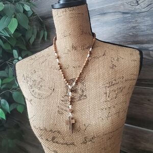 Jerusalem Rosary Tan Beaded Necklace White String Beads